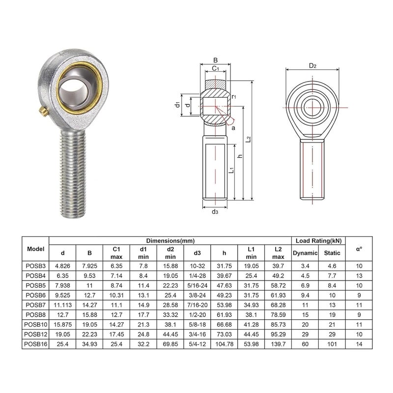 POSB4 45mm محمل نهاية قضيب بفتحة ملولبة يمينية مع صامولة تثبيت 35mm إلى 79mm ذكر وأنثى - Image 3